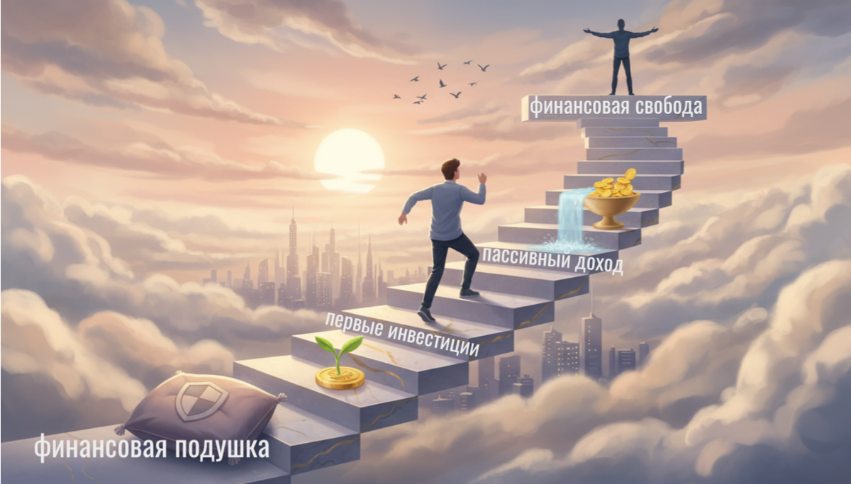 как начать инвестировать с маленькой зарплатой,инвестиции для молодых людей,пассивный доход с нуля,как стать финансово независимым,финансовая подушка безопасности,брокерский счёт,ETF фонды,сложный процент,накопительный счёт,расчёт инвестиций