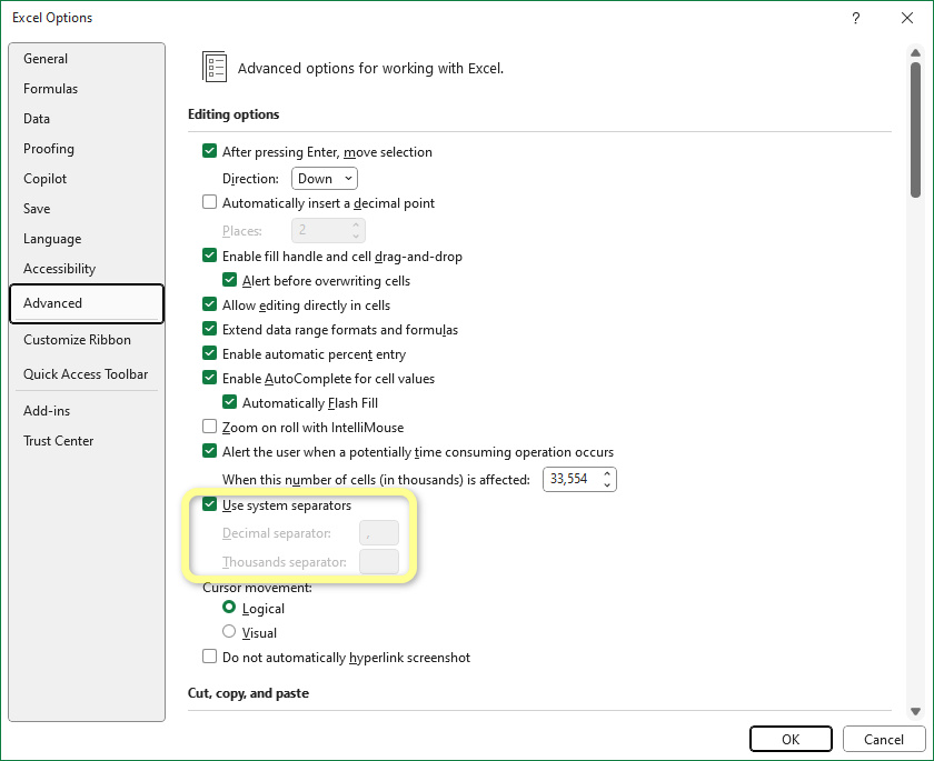 Окно изменения настройки разделителей