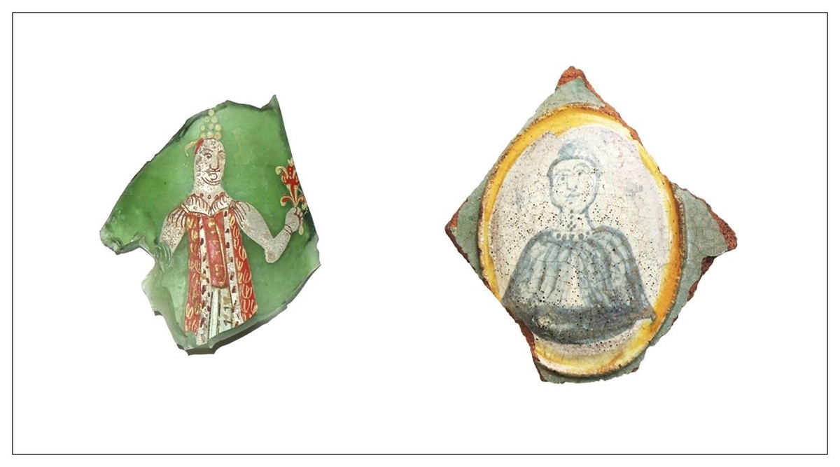 Слева направо: Фрагмент стеклянного сосуда с многоцветной росписью, женский «портрет» на рельефном полихромном печном изразце. XVIII в.