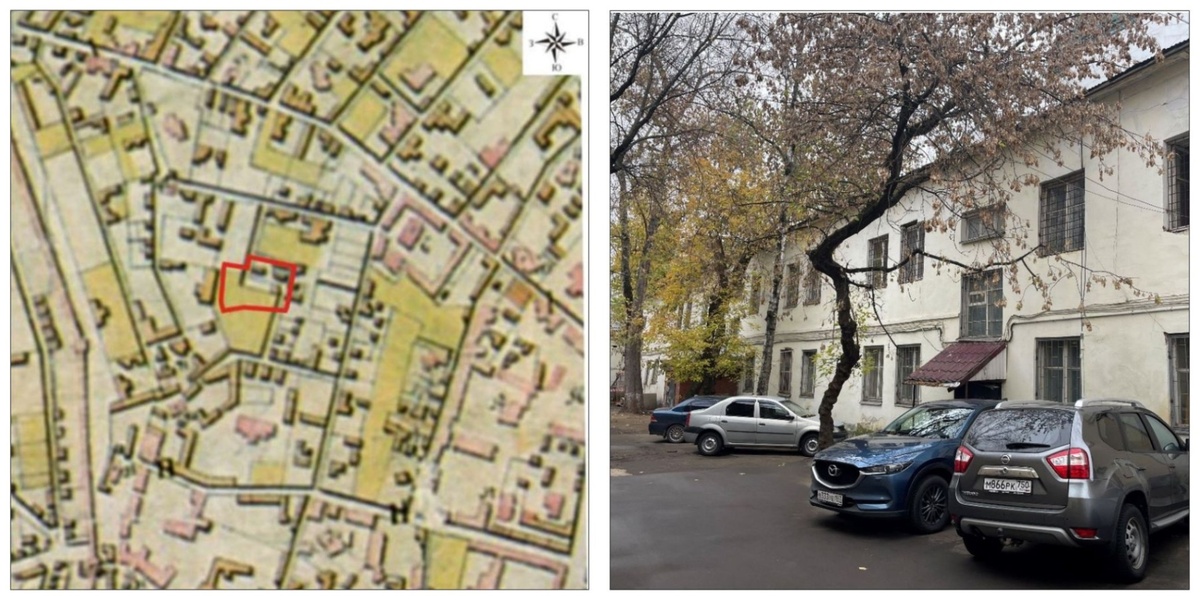 Слева: фрагмент «Генерального плана императорского столичного города Москвы... сочиненного под смотрением инженер майора Горихвостова [в] 1767 году». Красной линией обозначено место археологических раскопок. Справа: определенное под снос здание в Среднем Кисловском переулке, фото 2022 г.