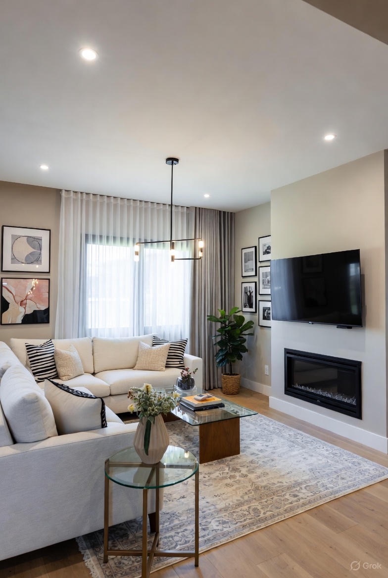 •  Хит 2025: биокамин встраиваемый в ТВ-зону + скрытая подсветка полок.