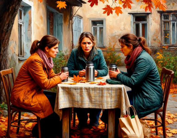 Женщины за столом в старом дворе обсуждают новости