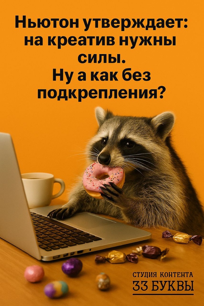 Находчивый, милый и смышленный енот стал фирменным персонажем студии контента "33 буквы".