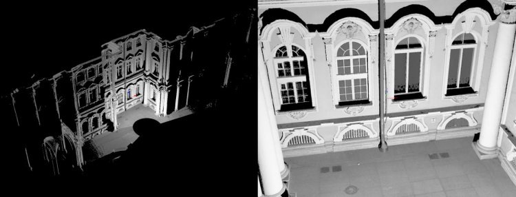 
Рис. №2. Трехмерная дискретная модель южного фасада Эрмитажа в цветах сканера
Рис. №3. Фрагмент модели южного фасада Эрмитажа