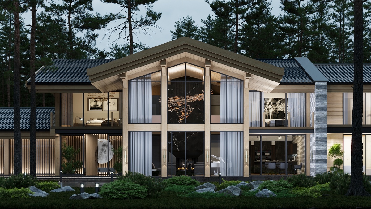 Проект комбинированного дома для поселка Сосны, Московской области. Материал - Бетон, кирпич, Ангарская сосна. Отделка - Датский кирпич Petersen tegl и Чежская черепица ручной работы.