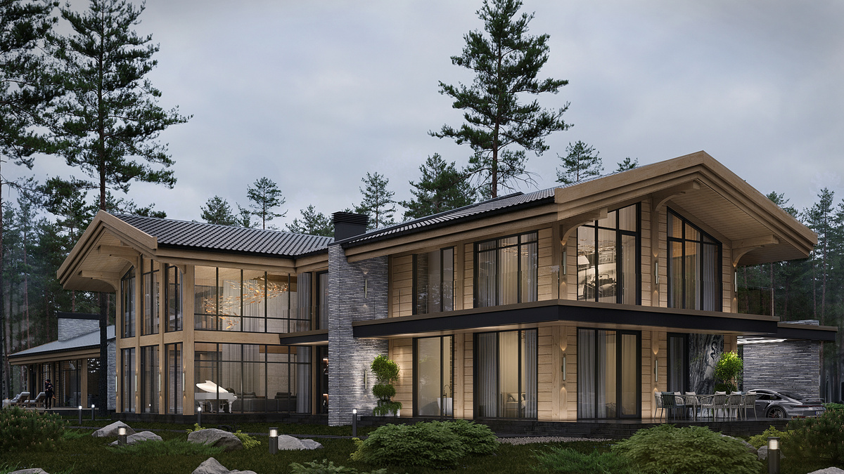 Проект комбинированного дома для поселка Сосны, Московской области. Материал - Бетон, кирпич, Ангарская сосна. Отделка - Датский кирпич Petersen tegl и Чежская черепица ручной работы.