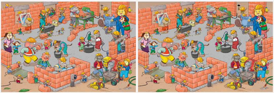 Найдите 10 отличий. Животные на стройке