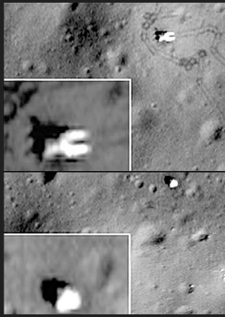    Станция «Луна-17» (вверху) и «Луноход-1» (внизу) на снимках, сделанных камерой зонда LRO с высоты 50 километров.