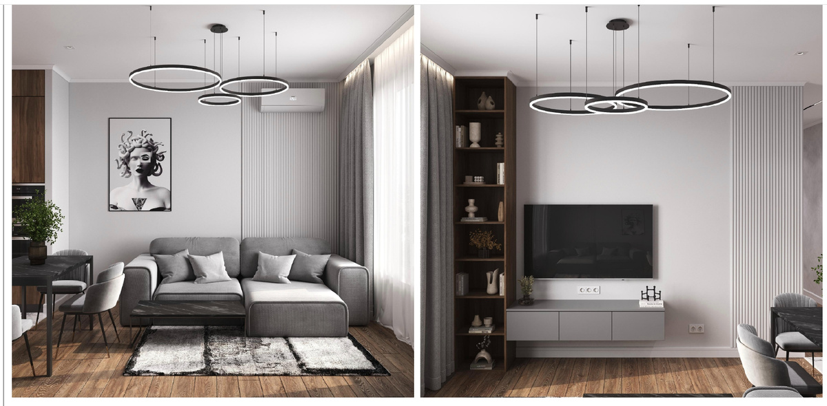 Это - 3D визуализации, четко отражающие, как это будет выглядеть в реальной жизни после ремонта с учетом габаритов предметов мебели.