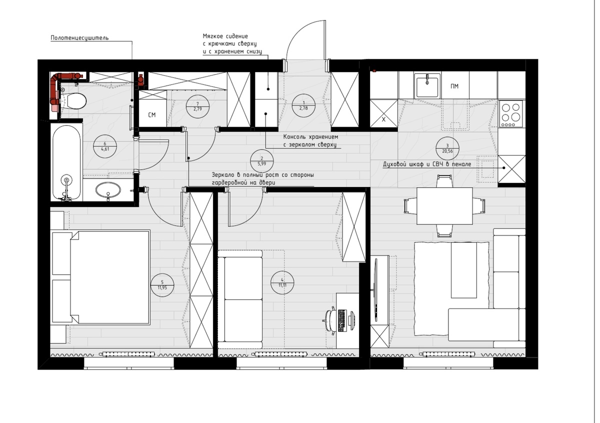 На изображении - план расстановки мебели, который помогает учесть все параметры мебели и размеры помещений.