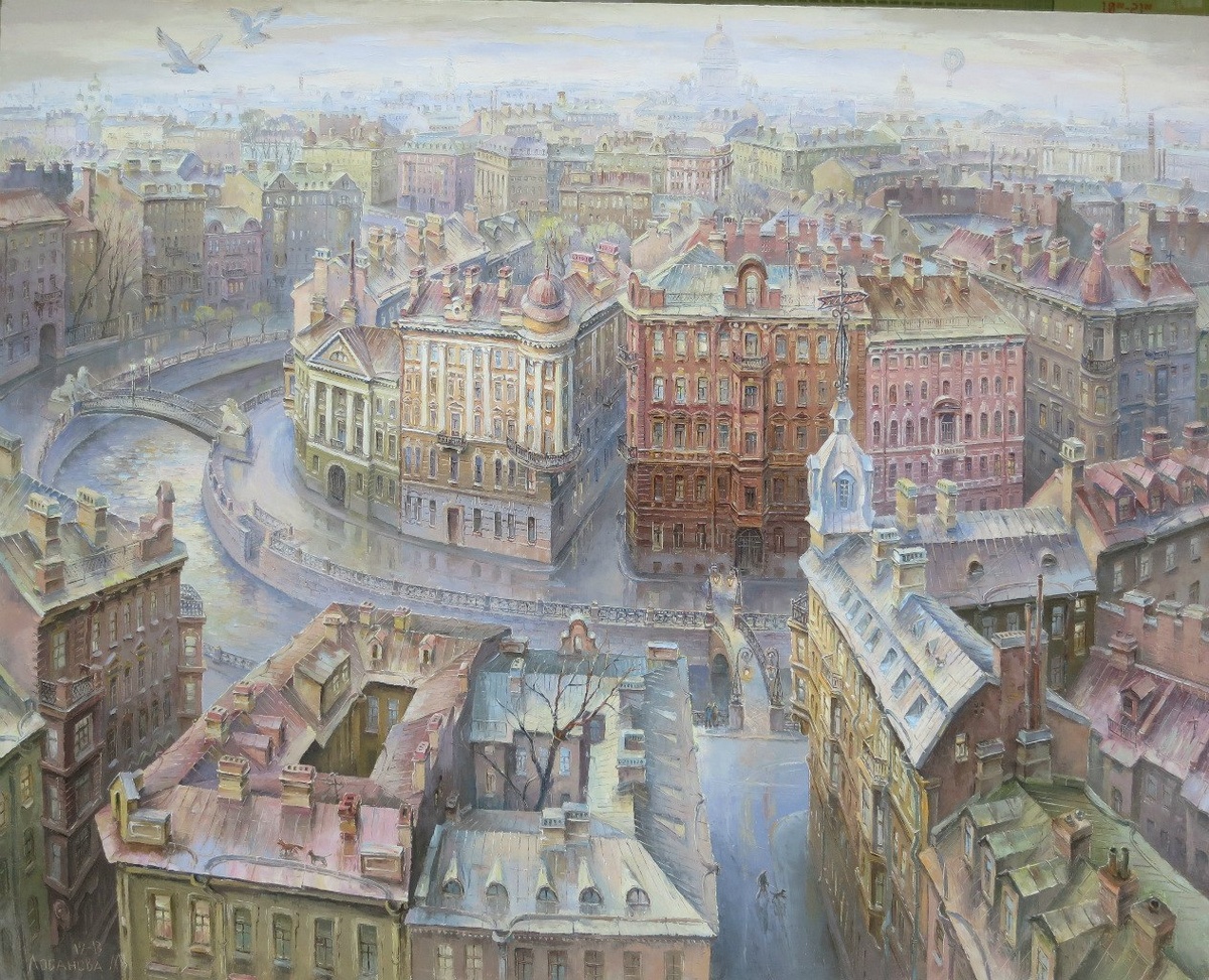 © Маргарита Лобанова. Пейзаж Санкт-Петербурга с видом на Кан. Грибоедова и Львиный мостик.  Холст, масло.  