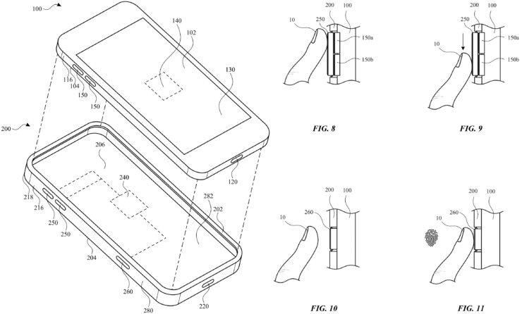    Чехол может как дублировать кнопки на корпусе айфона, так и имитировать дополнительные. Изображение: patents.google.com