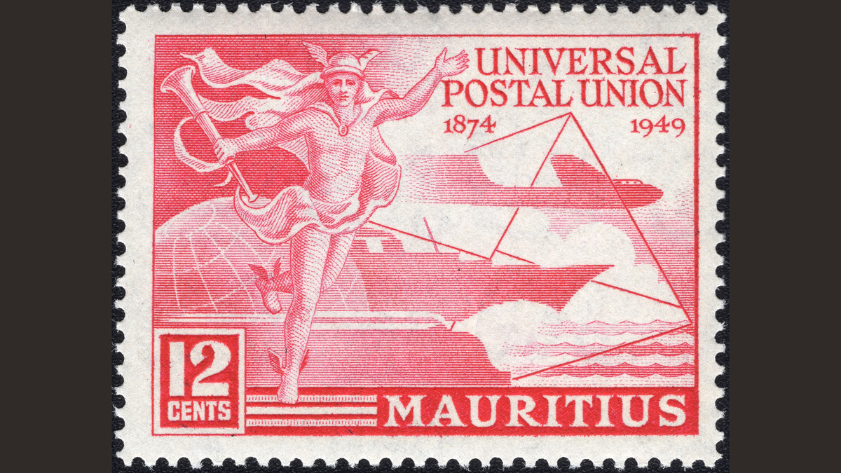 1. Маврикий, 1949 год, № 223. Гермес, глобус и символы транспорта. 75 лет Всемирному почтовому союзу. В галерее полная серия (нажмите правую стрелку).