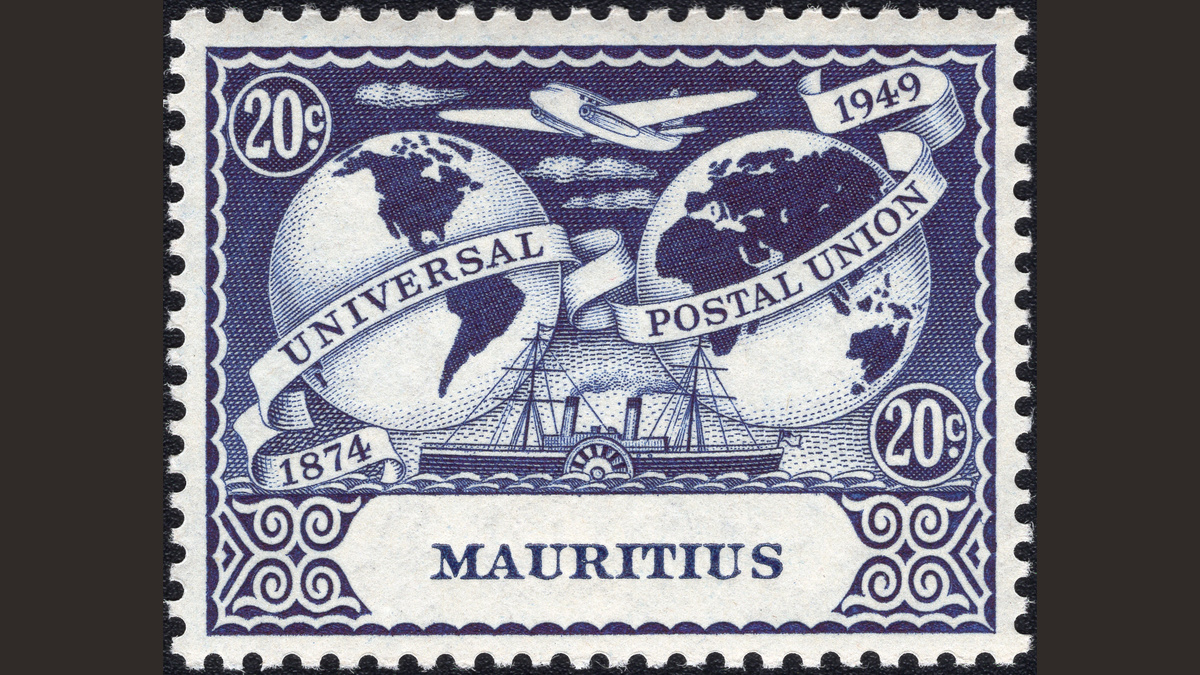 1.1. Маврикий, 1949 год, № 224. Земные полушария, самолет и колесный пароход. 75 лет Всемирному почтовому союзу.