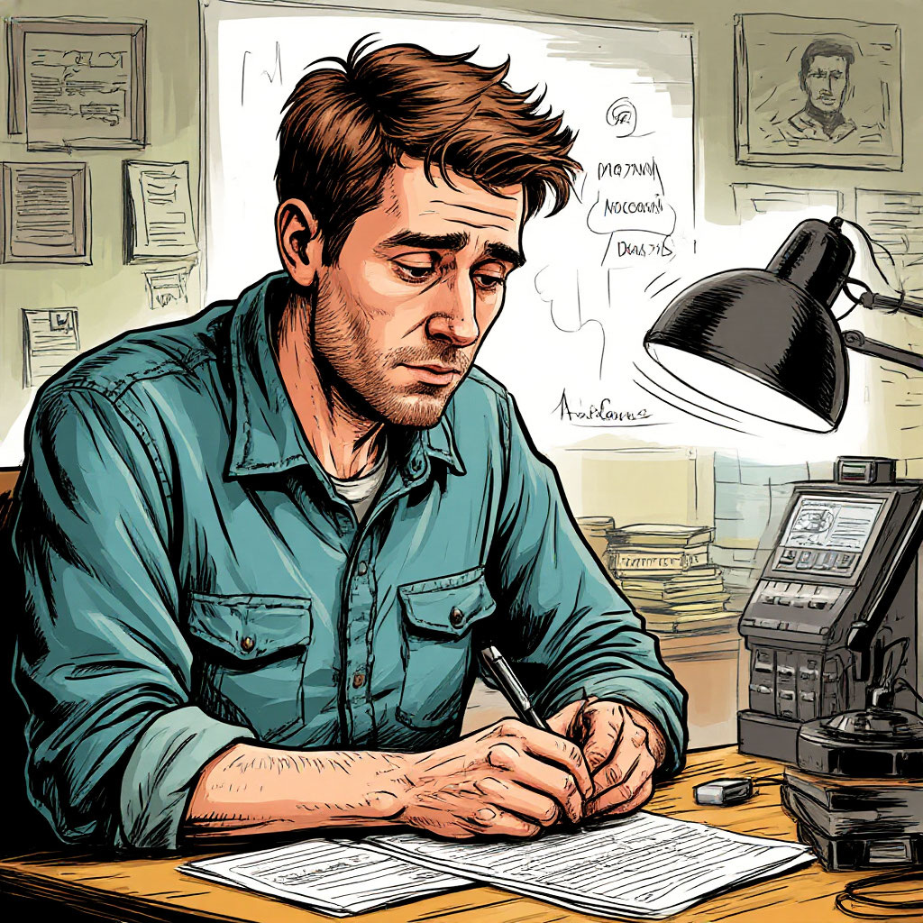 Вот так ИИ увидел человека, замученного кредитами. В общем, так и есть - замученный и грустный человек. 