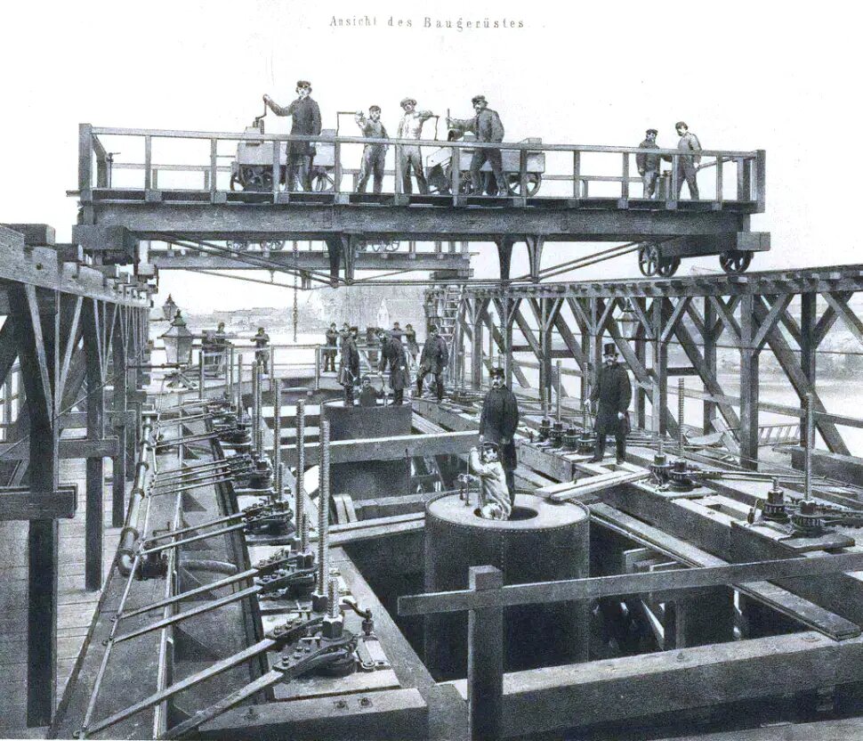   1863, Königsberg. Bau Eisenbahnbrücke über Pregel. Строительство одной из опор (постройка моста 1863-1865)