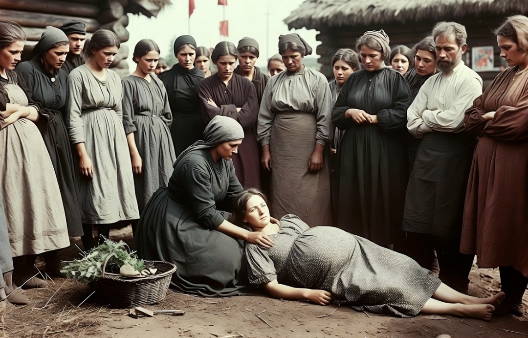 Традиционная русская акушерка в деревенской хижине с травами, поднимаются революционные флаги.