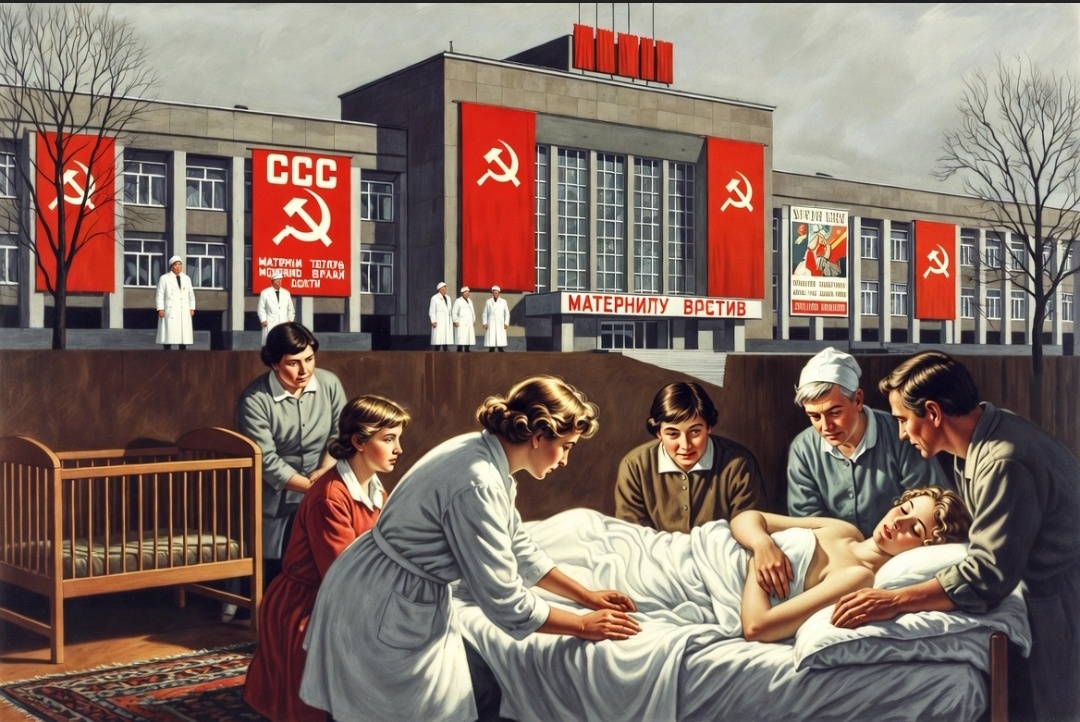 Сцена разделения: уютные домашние роды против. Стерильная советская больница с пропагандой.