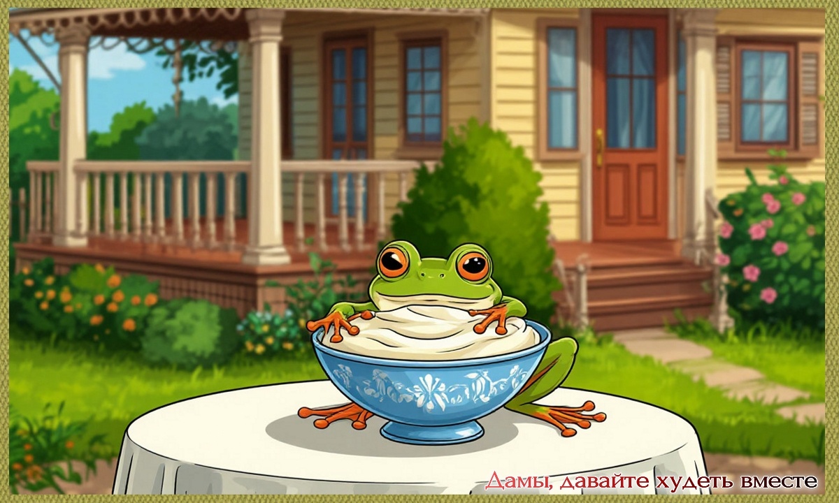 вот так ИИ нарисовал мне картинку о лягушке. Видимо в его памяти нет понятия крынки.