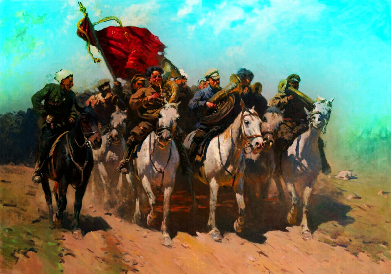 В качестве исходного изображения использована репродукция картины "Трубачи Первой конной" (1934 год) М. Б. Грекова.