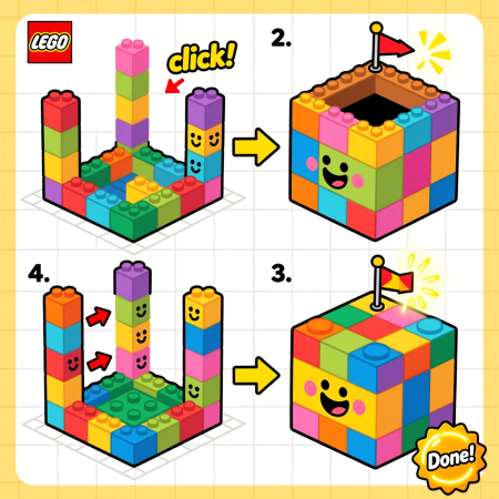 Каждый кубик Lego — это уже маленький куб! Собирая большой куб, ребенок на практике понимает, что все его грани равны, а углы прямые.