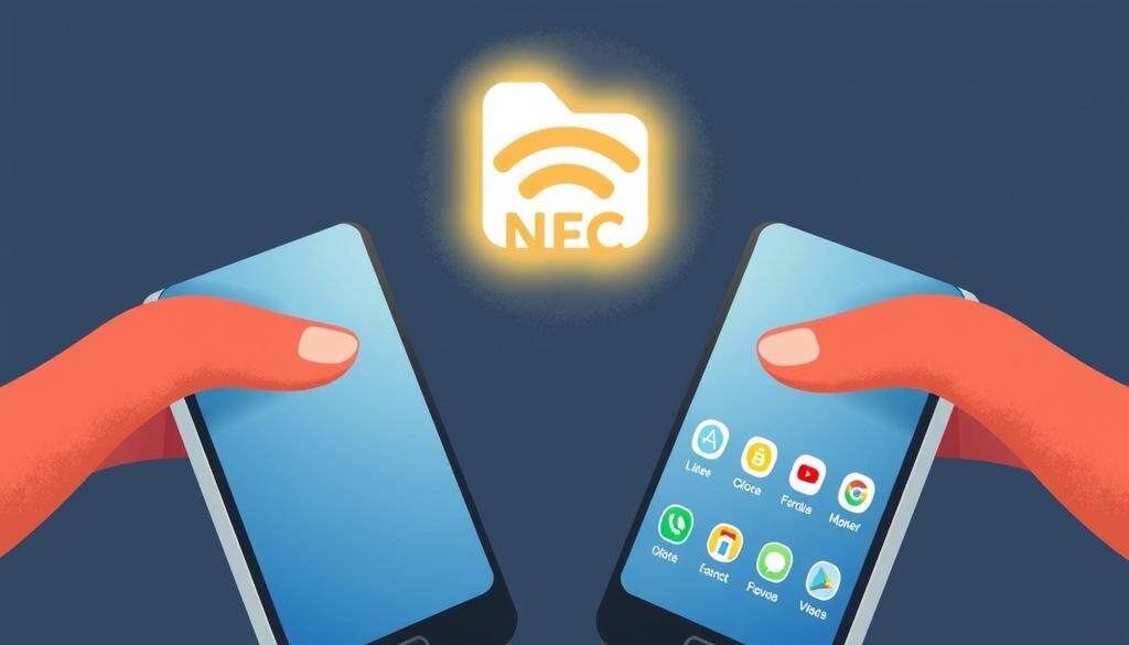    Иллюстрация смартфонов, передающих файлы друг другу через NFC.