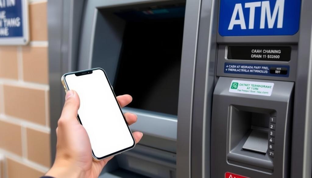    Сцена, где смартфон используется для оплаты в банкомате с NFC.