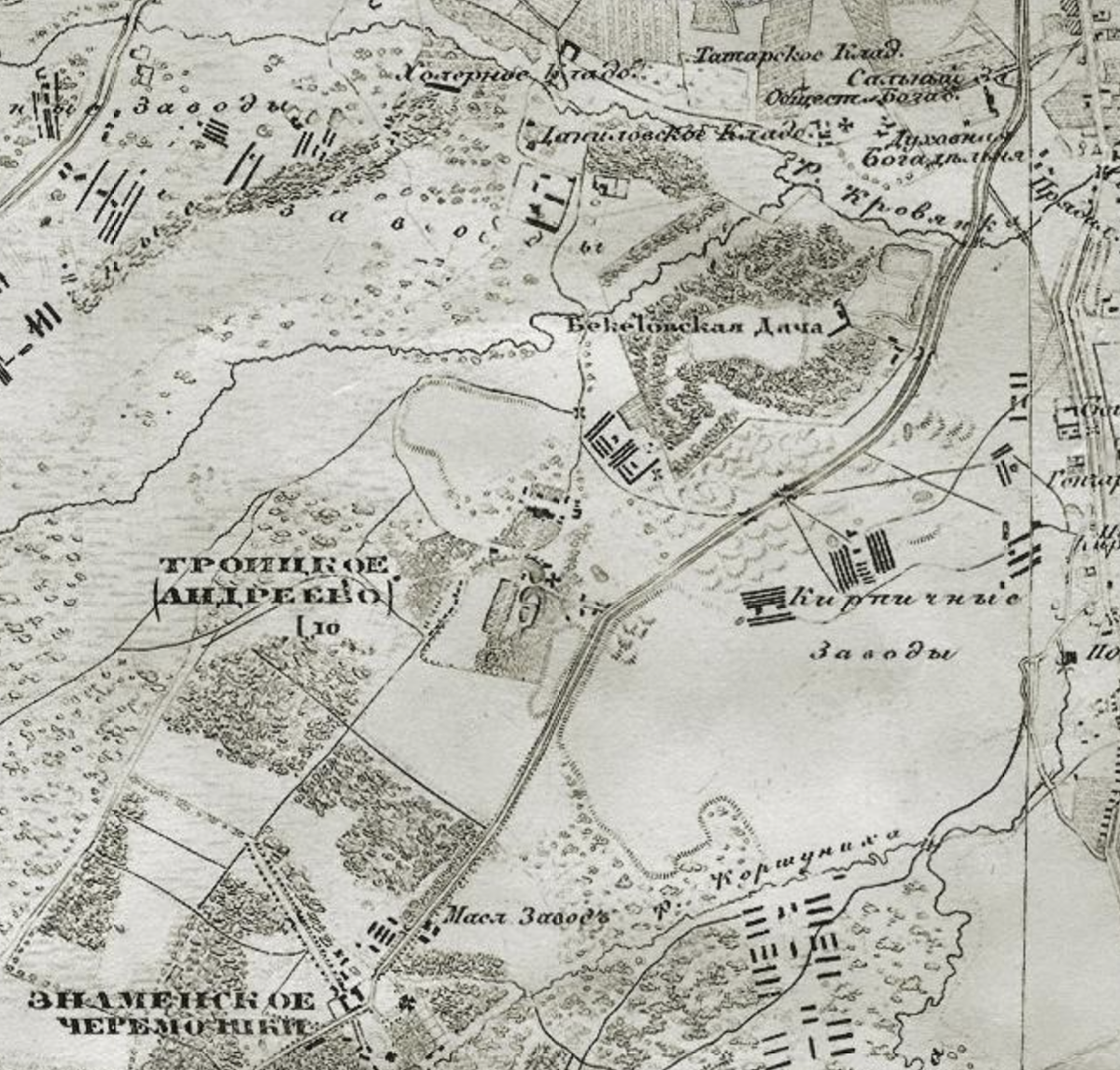Черёмушкинская дорога, которая потом станет Загородным шоссе, и местность вокруг на карте окрестностей Москвы 1878 года. Интересно, что кирпичный завод здесь уже указан. С сайта www.retromap.ru.