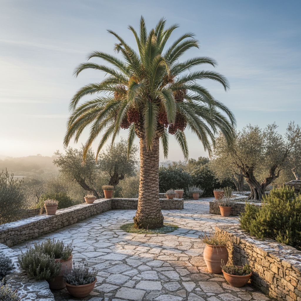 Финиковая пальма в зимнем средиземноморском саду