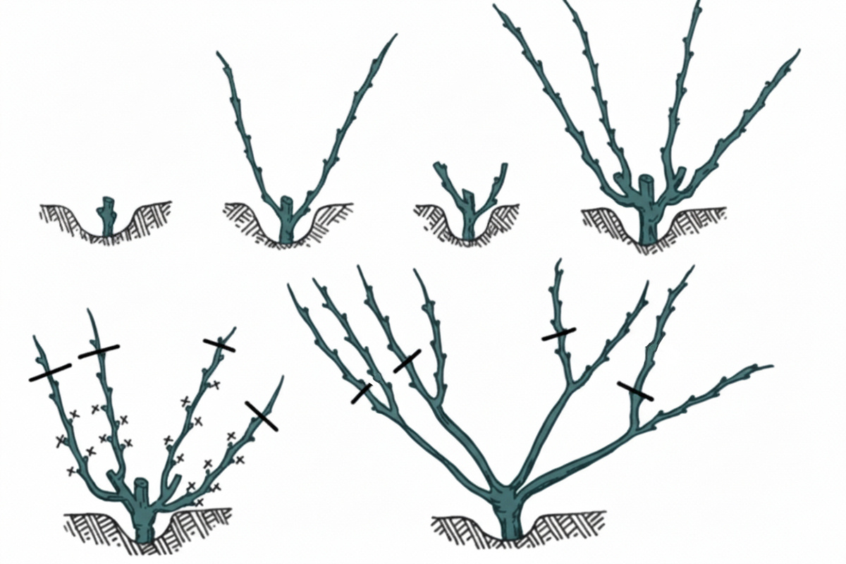 РБК Life📷При бесштамбовой веерной формировке кусты обрезают на 2–6 хорошо развитых, вызревших побега длиной 40–60 см