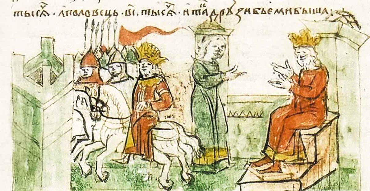 Всеслав Брячиславич на великокняжеском престоле в Киеве. Миниатюра из Радзивилловской летописи. XV век