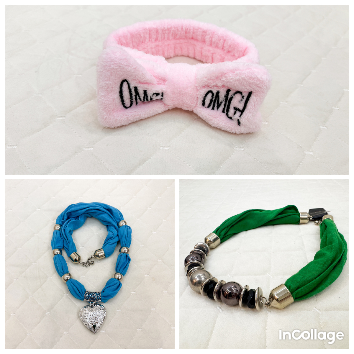 Шарфы с украшениями и повязка для умывания. Фото автора.