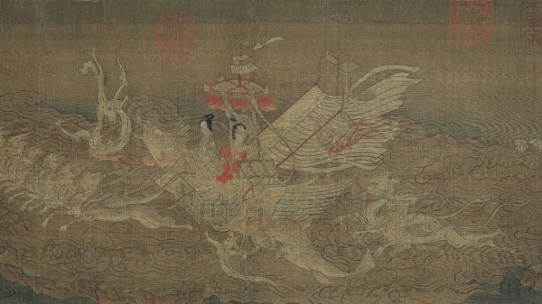 В известном произведении Цао Чжи из эпохи Троецарствия под названием «Лошэньфу» описывается зрелище, как богиня реки Ло, Фуфэй, управляет колесницей, запряжённой шестью драконами, путешествуя по облакам. (Источник фото: Национальный Дворцовый музей)