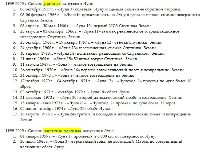 1959-1976 г. Список удачных запусков к Луне