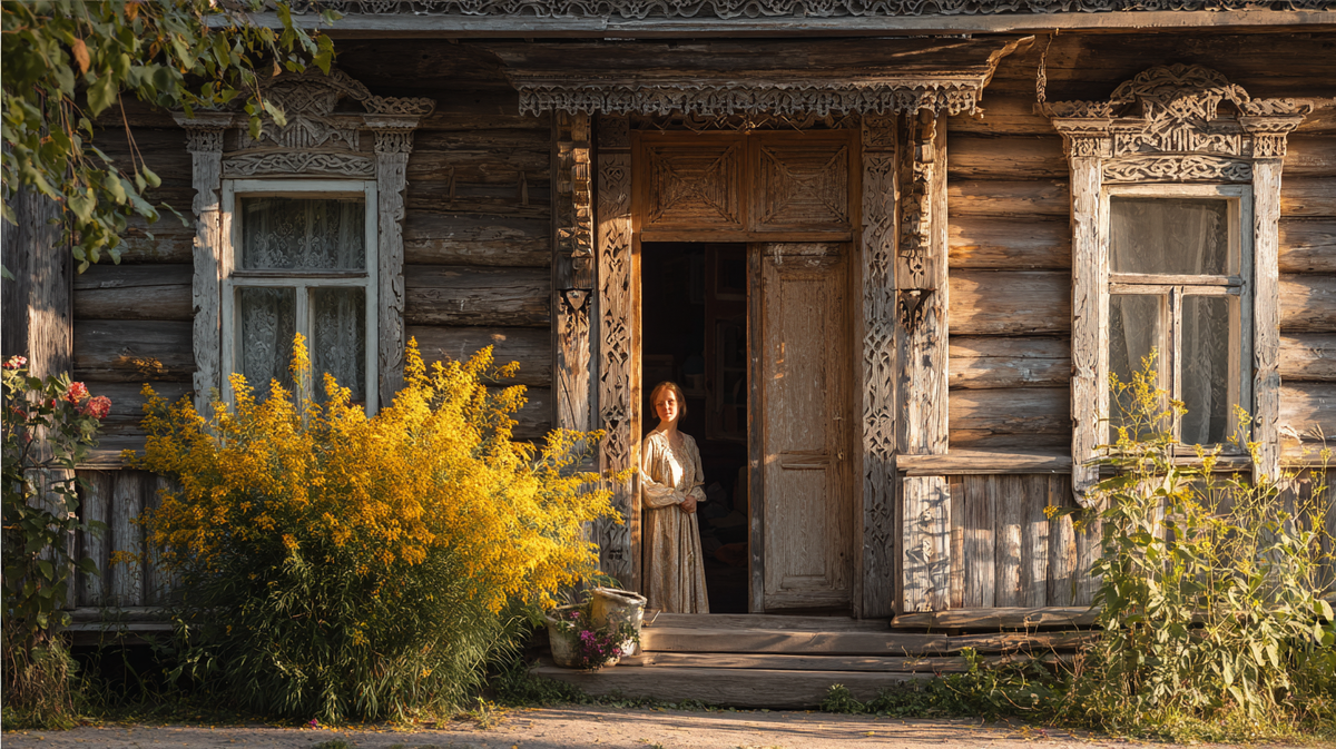 Изба на краю леса встречает рассвет. Всё вокруг словно затаилось в ожидании — здесь, на пороге нового дня, начинается история.