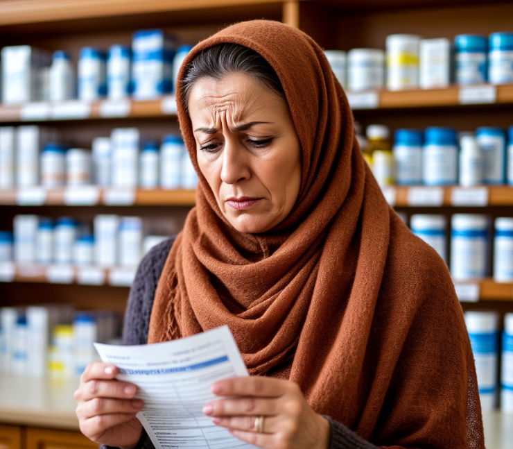 Женщина средних лет в тёплом платке стоит у прилавка аптеки