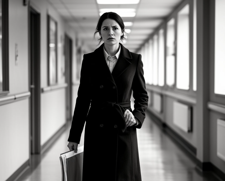 Женщина в пальто идёт по коридору районной больницы, держит папку с документами, на лице — решимость 