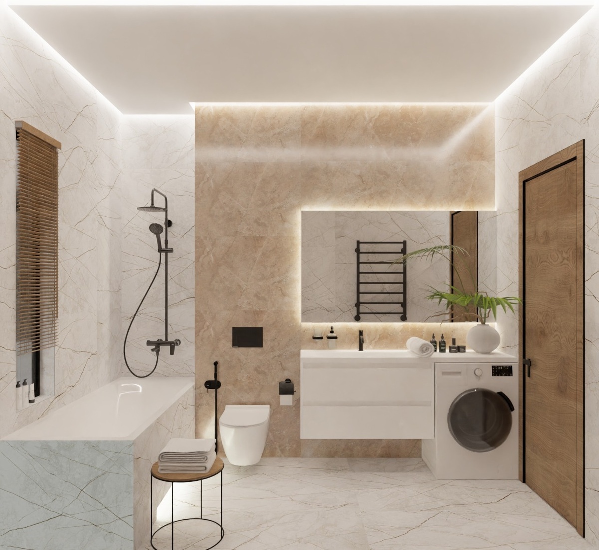 дизайн ванной комнаты с плиткой под белый мрамор
