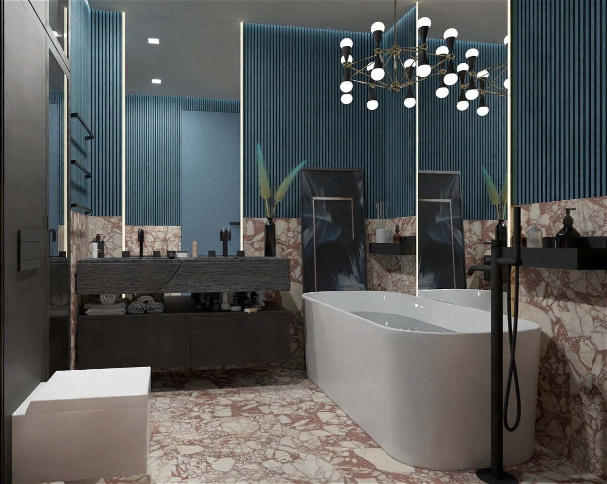дизайн ванной комнаты с плиткой под цветной мрамор