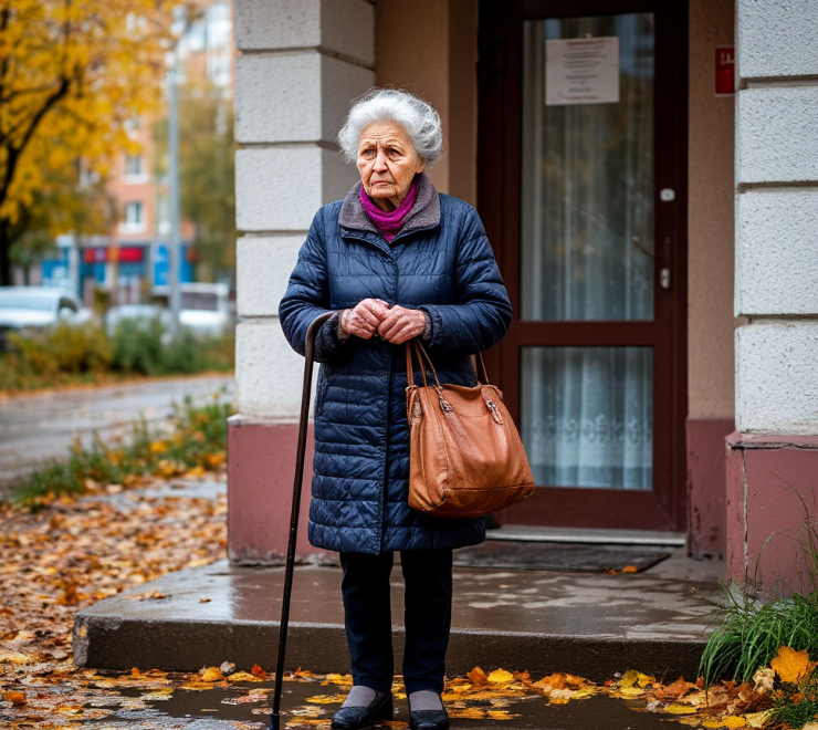 Пожилая женщина с тростью стоит у входа в многоэтажку, в руках сумка, вокруг — мокрые лужи