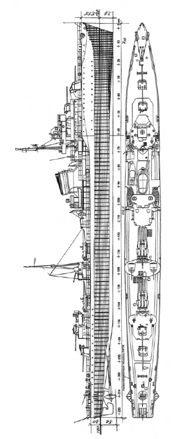 Схематические чертежи эскадренного миноносца пр.7 «Разумный» с показом
расположения дополнительного зенитного вооружения, первого слоя наружной
деревянно'металлической защиты корпуса («шубы»)