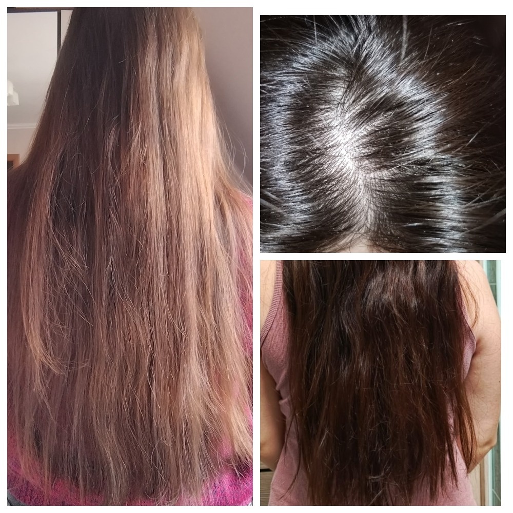 Слева: какволосы выглядили после шампуня "Чистый холст" и "Детокс", справа снизу волосы до использования бессульфатного шамупня LBSILK. Справа сверху: легкое шелушение после смены шампуня.  