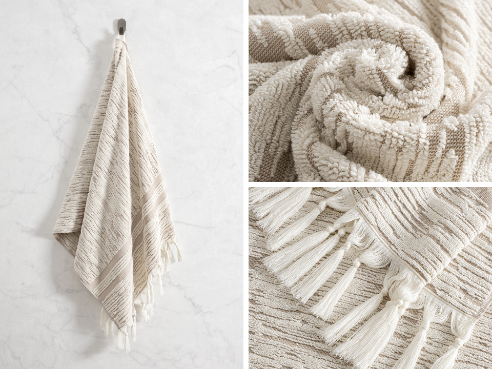 Махровое полотенце «STELLA» для лица и рук 50×90 см, жаккард с бахромой, цвет — бежевый — OZON арт. 2641947071 и WB арт. 493243263. 