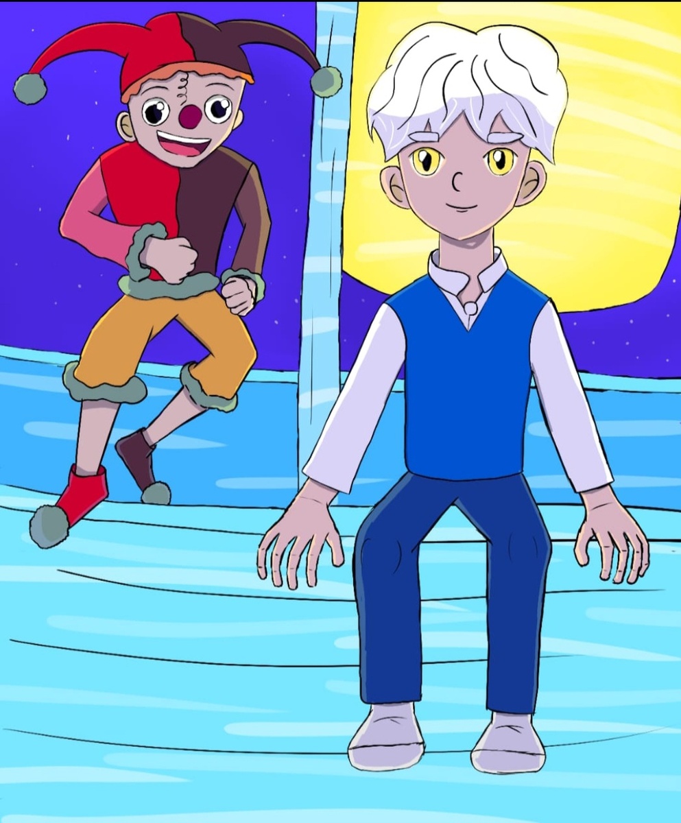 Принц Счастья и клоун Ух на летучем неоновом корабле летят на вершину горы Страха. Рисунок моего сына.