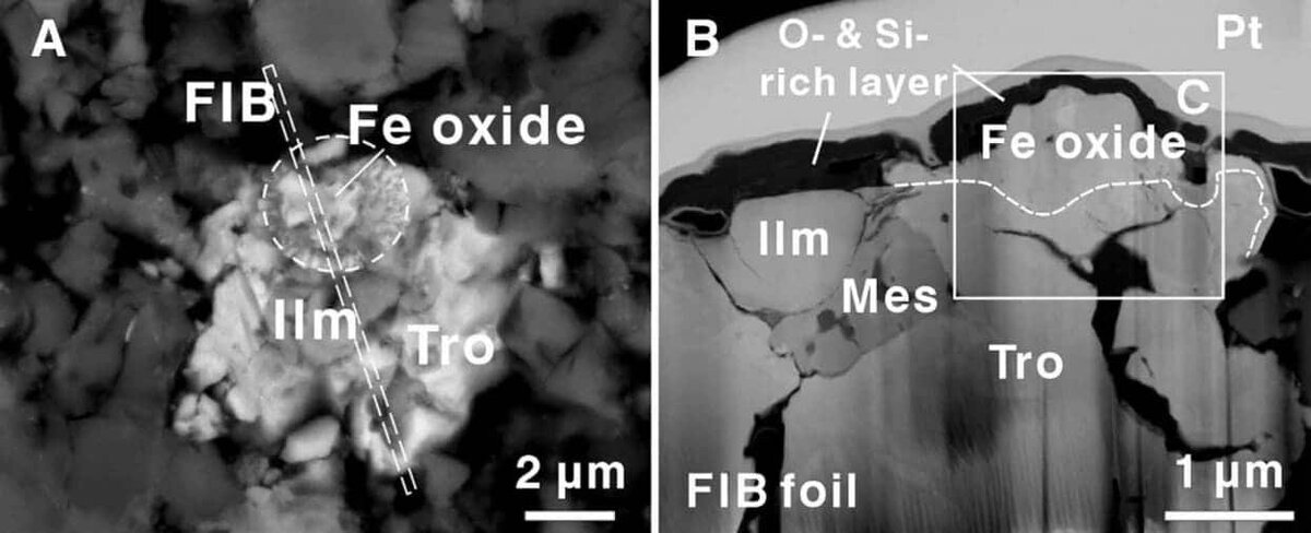   Снимки исследованного лунного образца с обозначением расположения оксидов железа (Fe oxide) и покрывающей их стекловидной пленки (O- & Si-rich layer) / © Yiheng Liu et al, 2025