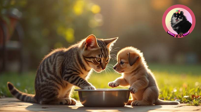 кошка и щенок