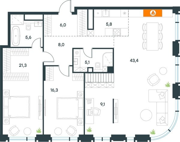 Планировка квартиры с камином в Level Академическая