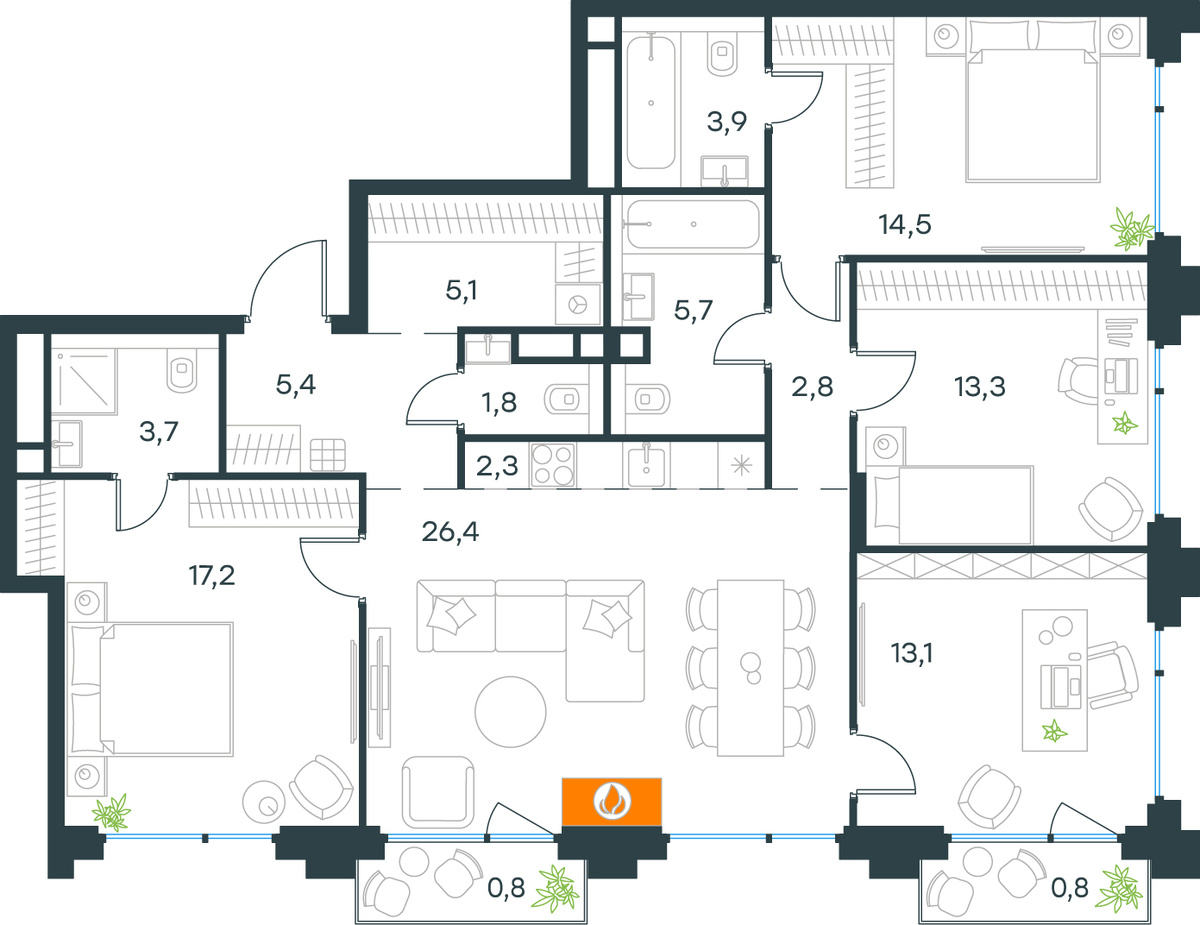Планировка квартиры с камином в Level Бауманская