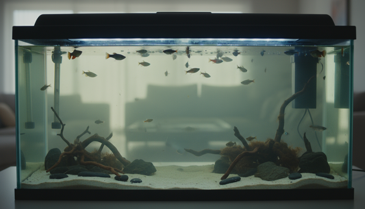 Аквариум с мертвой рыбой 