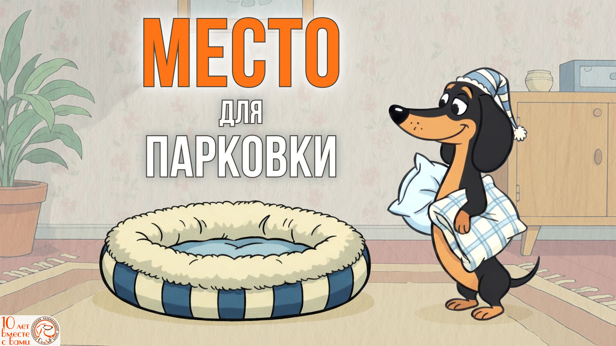 Обложка статьи с забавным названием «Место для парковки» – это игровой способ объяснить суть команды. Собака может спокойно «припарковаться» в своей удобной зоне отдыха, когда вам это нужно. Юмор помогает усвоить серьёзный навык дрессировки. | Иллюстрация DogSelf